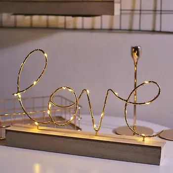 

Love/Home Hollow Design Metal Wooden Base LED Night Light Bedroom Lamp Decor