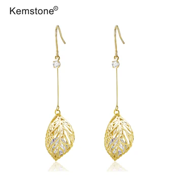 

Kemstone Copper Alloy Cubic Zirconia Gold Silver Plated Hollow-out Leaves Dangle Earrings Jewelry Gift for Women