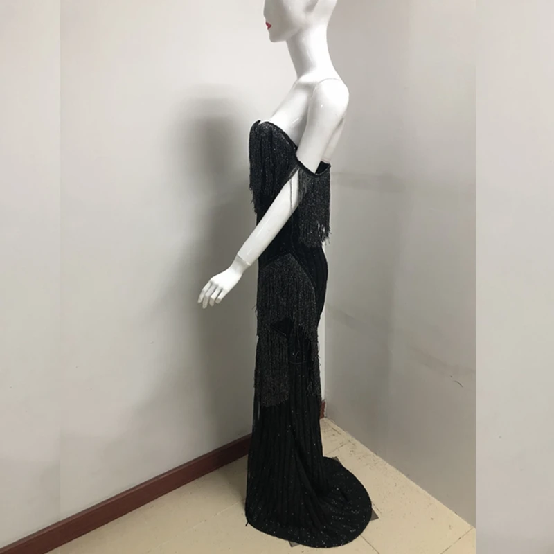 Модное Новое Сексуальное Серебряное черное платье с коротким рукавом и кисточками, вечерние платья знаменитостей, одноцветные сексуальные длинные платья с открытой спиной
