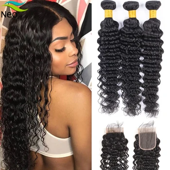 

Free Shipping Brazilian Deep Wave Bundles with Closure 4x4 Natural Color Non-Remy Human Hair 3 and 4 Bundles With Lace Closure