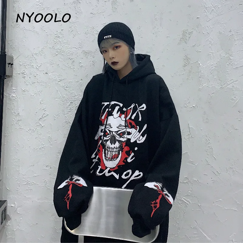 NYOOLO, Harajuku, уличная одежда, Череп, буквы, принт, свободные, теплые толстовки, Осень-зима, плюс бархат, пуловер, толстовка с капюшоном, для женщин и мужчин - Цвет: Черный