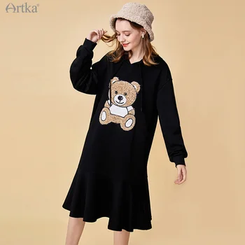 

ARTKA 2020 Autumn Winter New Women Dress Fashion Cute Teddy Plush Bear Dresses Loose Long Sleeve Ruffles Hooded Dress ZA25200D