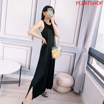 

MIYAKE Pleated Dress Women's 2020 Summer New Side Slit Backless Loose Elegant Sleeveless Vest Dress Long Dresses Vestidos Summer
