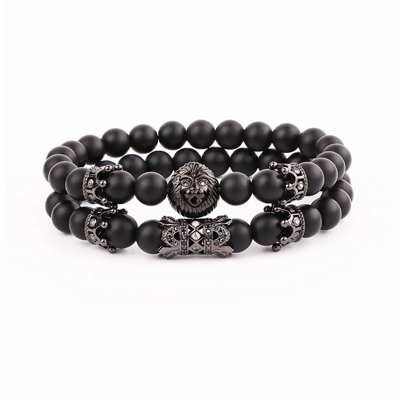 High Quality Natural Matte Onyx Stone Beads Cubic Zircon Crown Charm Elastic Beads Bracelet Set Jewelry Men