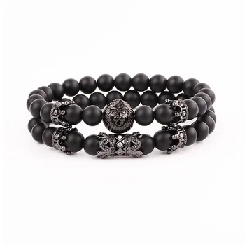 High Quality Natural Matte Onyx Stone Beads Cubic Zircon Crown Charm Elastic Beads Bracelet Set Jewelry Men