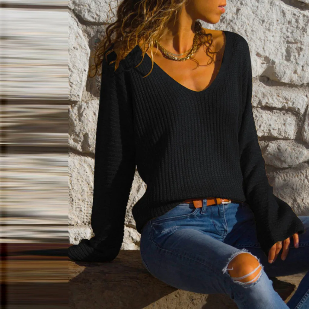 TELOTUNY/распродажа, осенне-зимний женский свитер, модный однотонный вязаный свитер с длинными рукавами и v-образным вырезом, пуловеры, свитера, топы L0801
