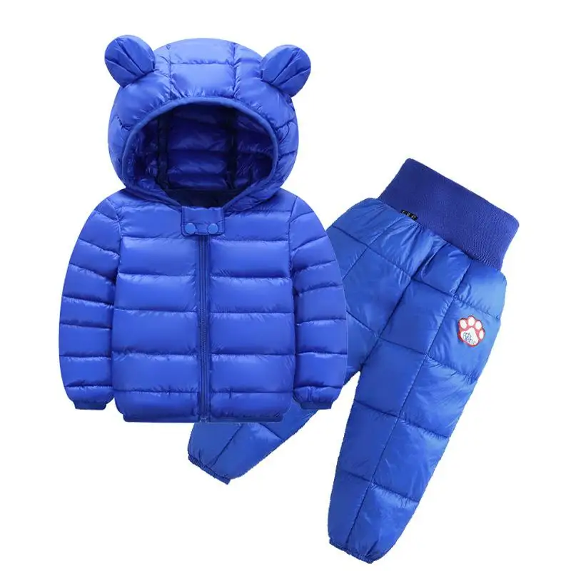 Осень-зима, милый Детский пуховик из хлопка для маленьких мальчиков и девочек, комплект из 2 предметов: куртка+ штаны, костюм для девочек - Цвет: blueet