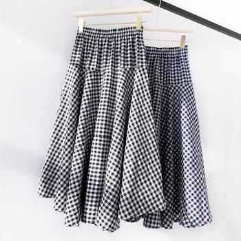

Qooth Plus Size Plaid Skirts Women-s Summer Beach Long Skirt High Waist Big Hem Pleated Skirt Linen Women Black-White Jupe femme