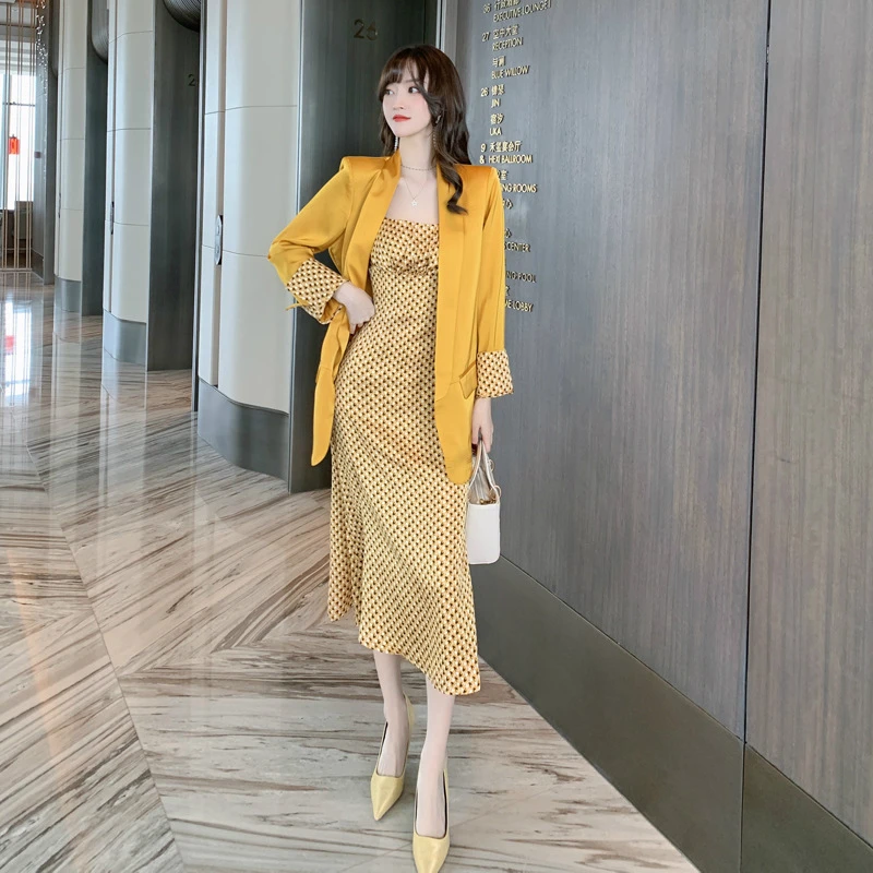 Autumn Winter Elegant Casual Two Piece Set for Women 2020 Contrast Blazer Coat and Yellow Spaghetti Strap Dress Ladies 2 Piece