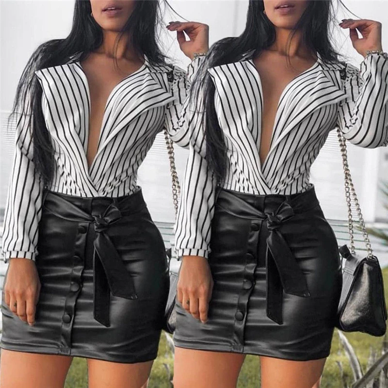 Hot Sale Fashion Elegant Loose Tops Office Lady Blouses Black White Striped Casual Blouse Women Deep V Neck Long Sleeve Shirt Hot Sale Fashion Elegant Loose Tops Office Lady Blouses Black White Striped Casual Blouse Women Deep V Neck Long Sleeve Shirt