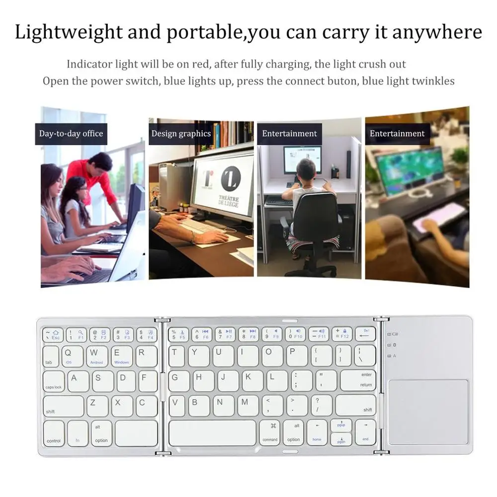 Jullynice Foldable Keyboard Pocket Size Portable with Touchpad Rechargable Li-ion Battery for iOS Android Windows PC Tablet