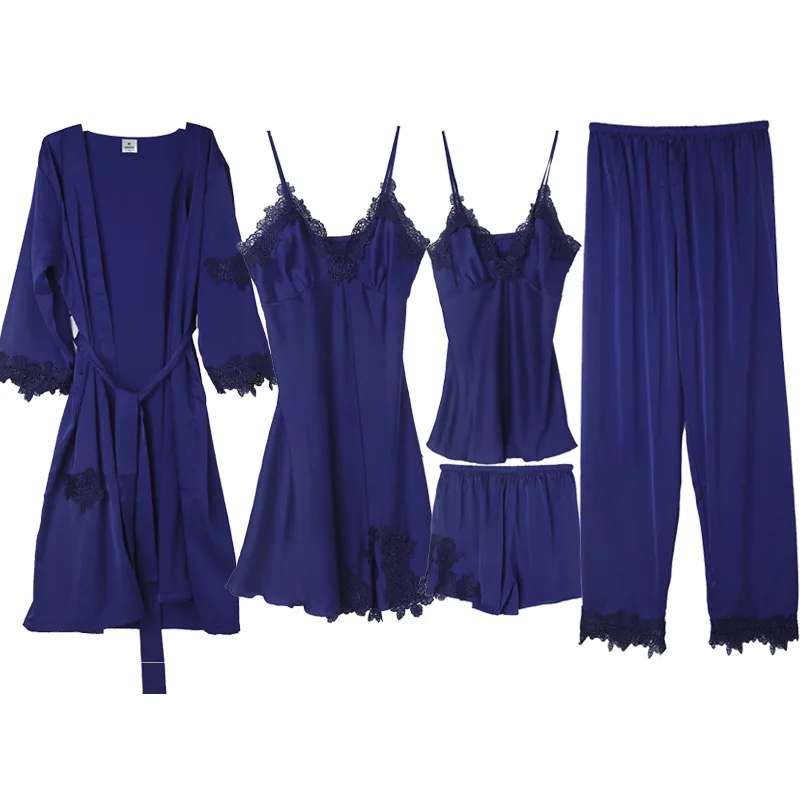 Women's Pajamas Silk Robe Sets Suit Sleep Tops Spring Females Lace Nighties Girls Pijama Homewear Woman Nightdress 5PC