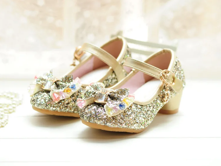 Детская обувь; коллекция года; сезон весна-осень; модная обувь принцессы с кристаллами для девочек; Детские тонкие туфли с блестками; Танцевальная обувь для маленьких девочек - Цвет: Золотой