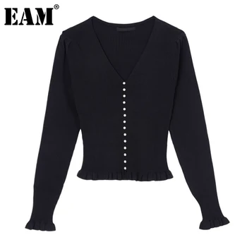 

[EAM] Black Pearl Stitch Knitting Cardigan Sweater Loose Fit V-Neck Long Sleeve Women New Fashion Tide Autumn Winter 2020 1DA435