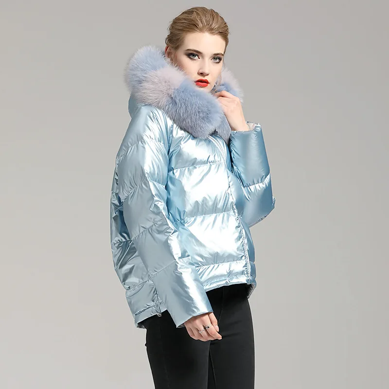 Light blue Зимние Новые короткие пальто модный большой меховой воротник в Корейском стиле яркие свободные свободный пуховик Женская мода пуховая куртка - Цвет: Light blue