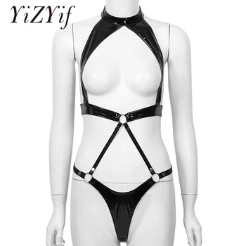 

Women Erotic Lingerie Bikinis Wet Look Patent Leather Halter Neck Open Bust High Cut Thong Leotard Bodysuit for Club Nightwear