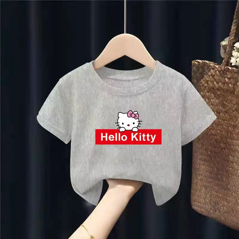 thumbnail image 1 of Hello Kitty, novedad de verano, ropa para niños, Camiseta con estampado de dibujos animados para niña, camiseta de algodón transpirable de media manga para bebé, camiseta de manga corta, 1 of 5