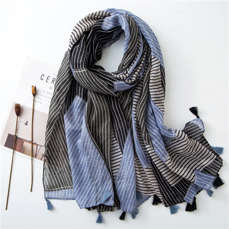 

Elegant Ethnic-Style Printed Fringed Striped Four Seasons General Fashion Cotton And Linen Scarf Women's Shawl