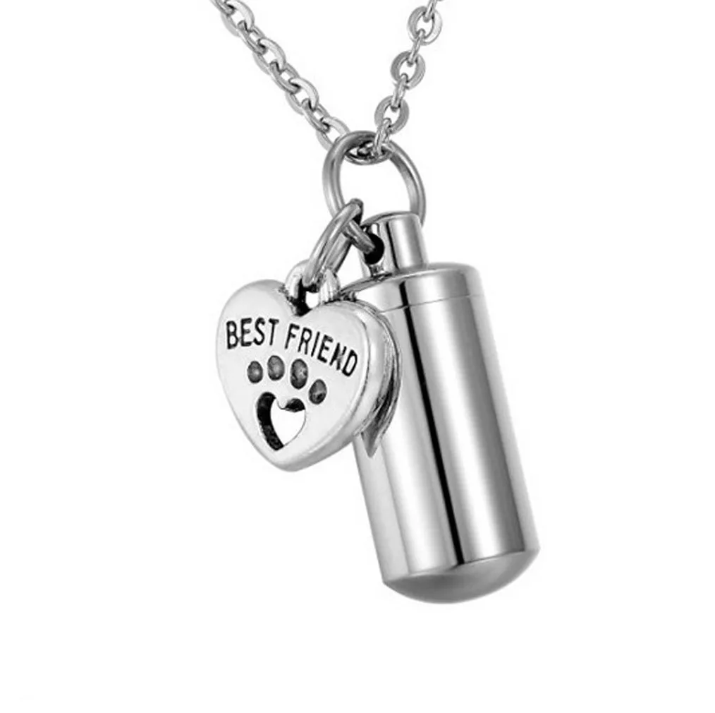 

Anniversary Relatives Pet Remains Customizable Stainless Steel Cylindrical Pills-Shape Paw Prints Footprints Cremation Urn Neckl
