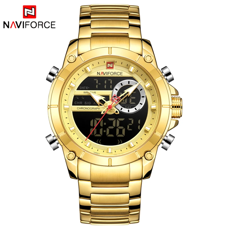 Gold NAVIFORCE, Топ бренд, армейские, военные, мужские часы, водонепроницаемые часы, мужские, светодиодный, кварцевые, цифровые, спортивные, наручные часы, мужские, Relogio Masculino - Цвет: Gold