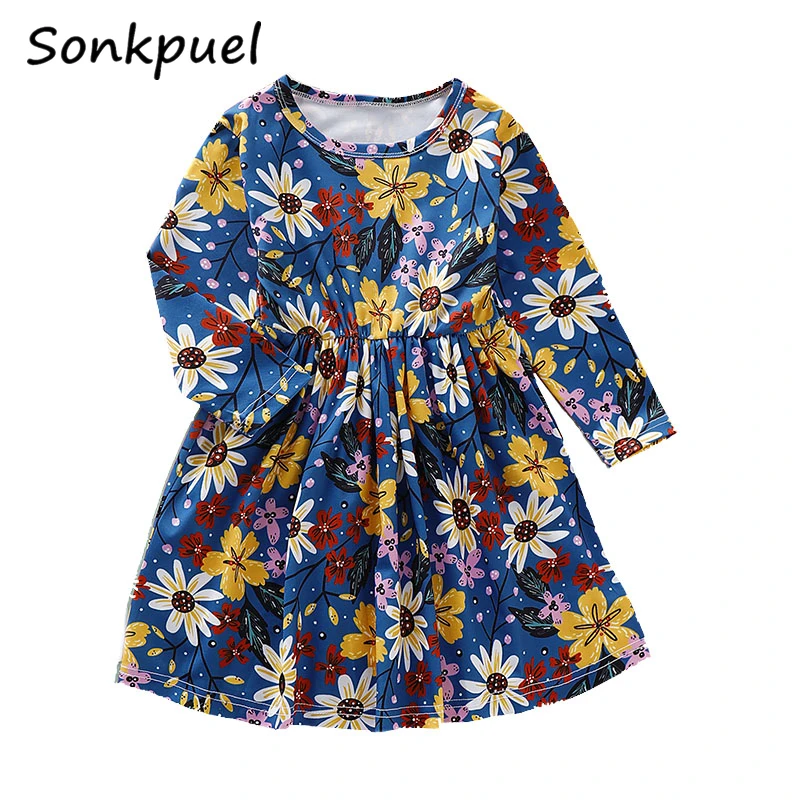 

2019 Fall Girls Dress Kids Long Sleeve Clothes Flower Print Elegant Dresses for 2 3 4 5 6 7 Years Girl Children Cotton Clothing