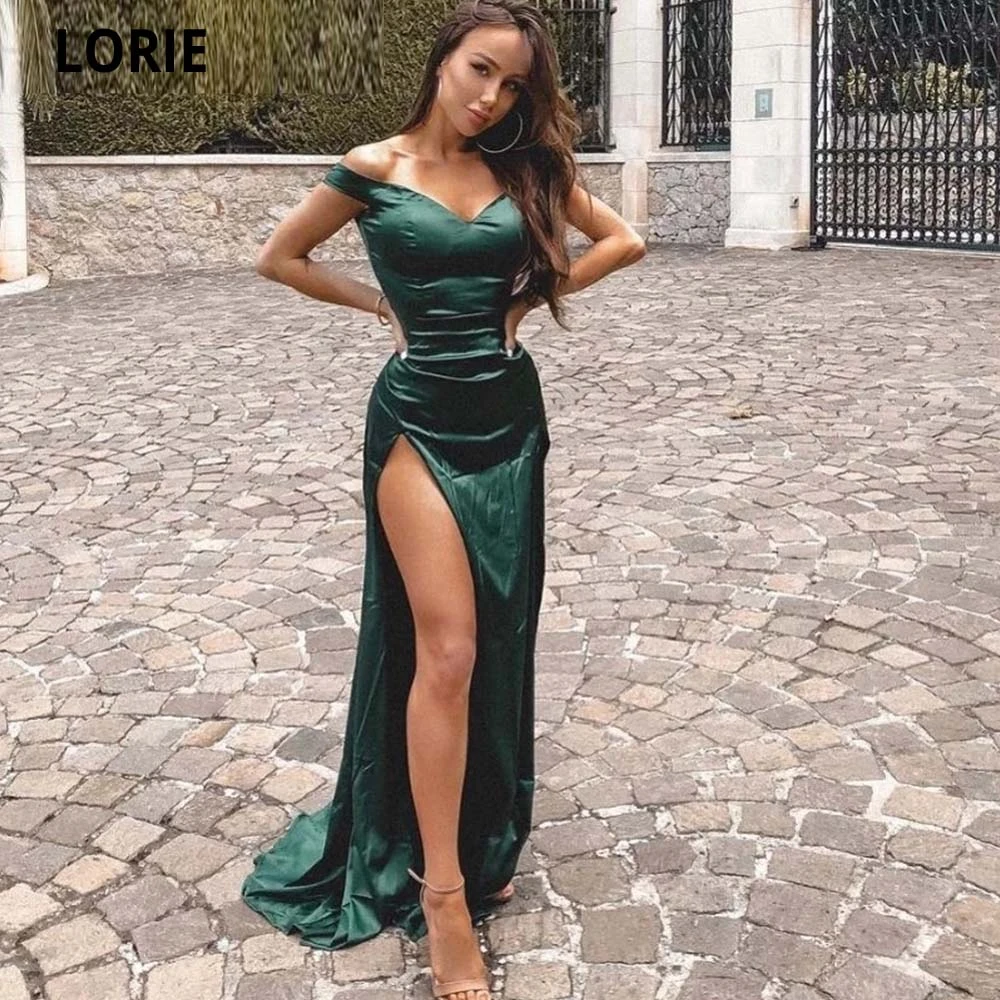 LORIE Green Off The Shoulder Evening Dresses Deep V-Neck Sleeveless Zipper  Back A-Line Side Slit Silk Satin Prom Dresses
