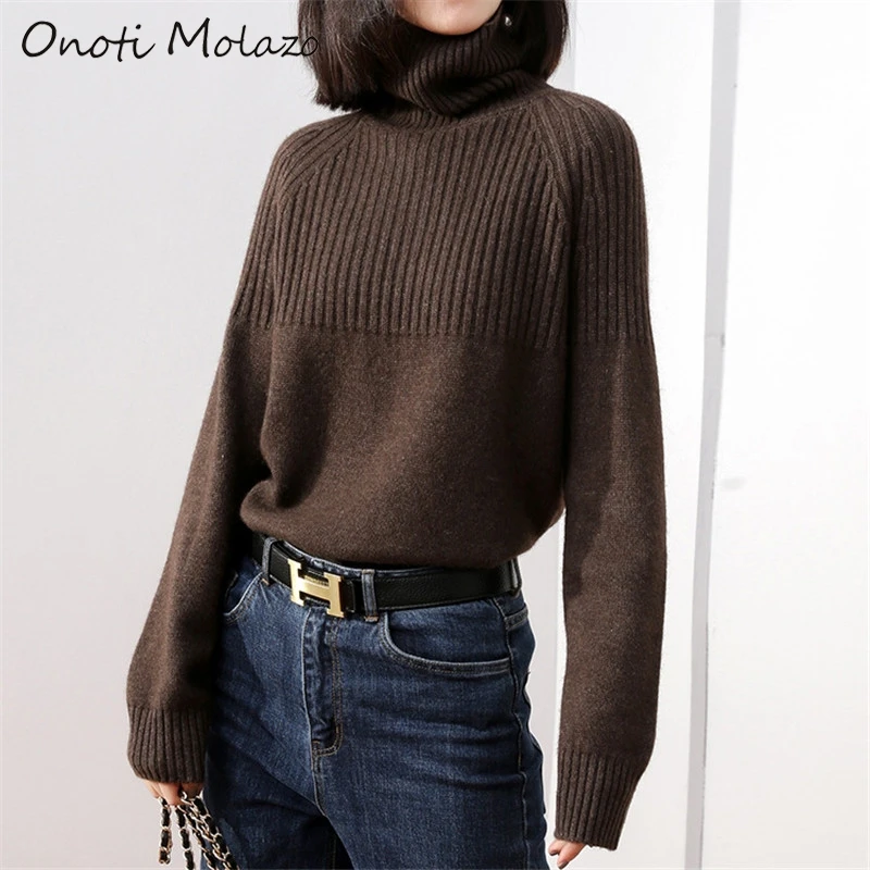 Onoti women casual turtleneck sweater fashion office ladies loose casual knitted pullover vintage autumn winter pull tops 2020