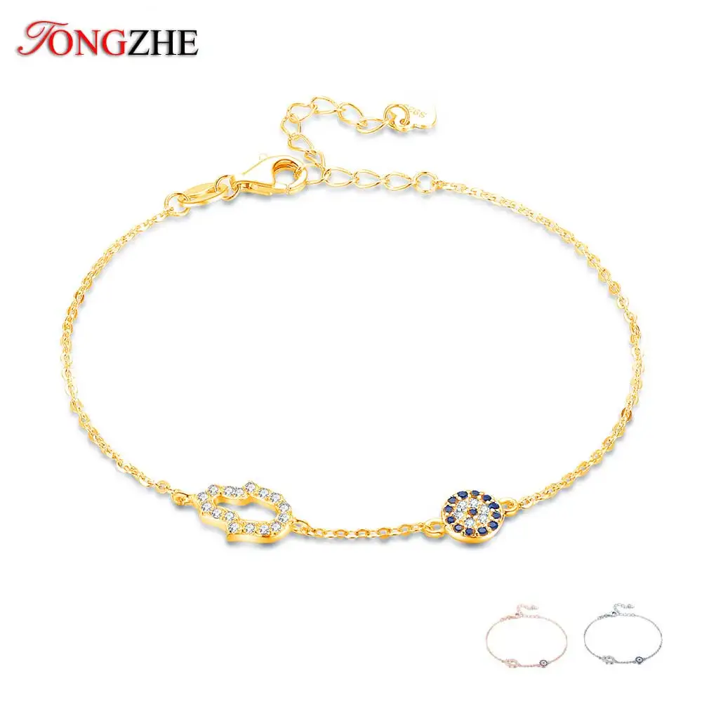 TONGZHE Lucky Hamsa Hand Evil Eye Bracelets for Women 925 Sterling Silver Blue CZ Link Chain Turkey Jewelry Chakra | Украшения и