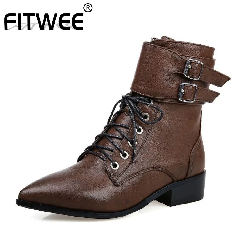 

FITWEE Pointed Toe Women Ankle Boots Leather Designer Thick Heel Women Shoes Buckle Strap Lacing Vintage Footwear Size 34-43
