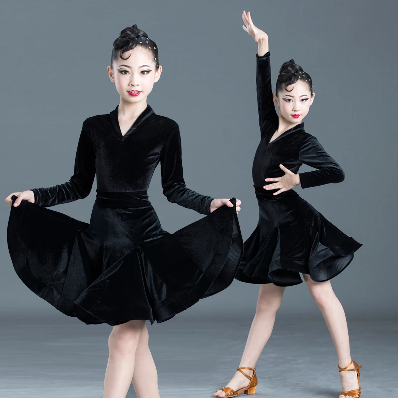 New Girls Latin Dresses for Dancing Ballroom Dance Dress Rumba Samba Velvet Children Samba Cha Cha Tango dress Standard Salsa