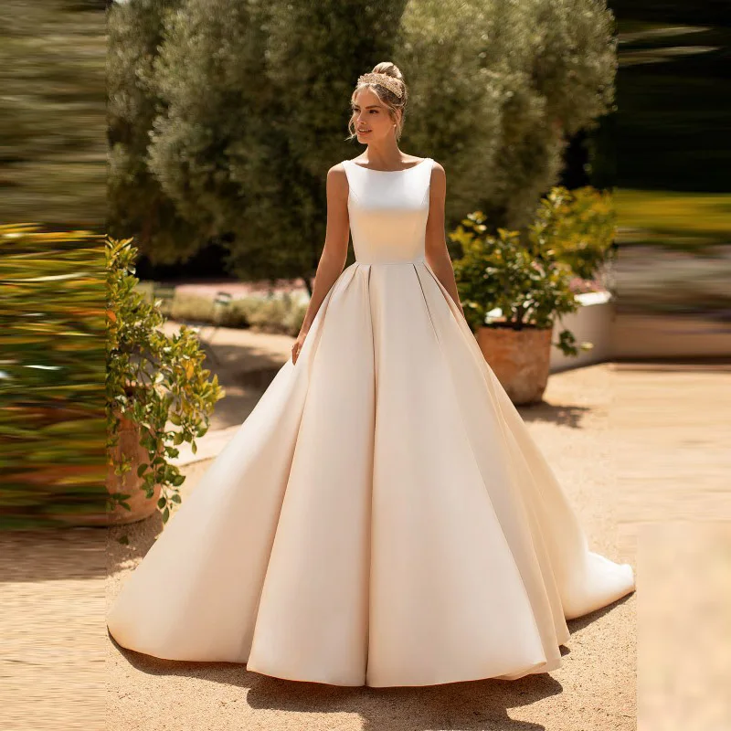 

Modest Simple A Line Satin Sleeveless Wedding Gowns for Bride Bateau Neckline Illusion Back Bridal Wedding Dresses Appliqued