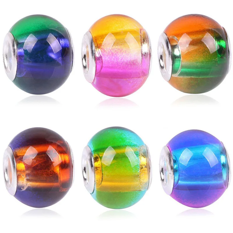 5pcs 14mm Round Colorful Lampwork Glass Loose Charm Big Hole Beads for Jewelry Making DIY European Bracelet 5pcs 12mm round pumpkin shape spots handmade lampwork glass charm loose beads for jewelry making diy crafts findings