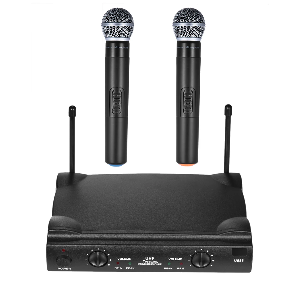 

UHF Dual Channels Wireless Microphone Mic System with 1 Receiver 2 Handheld Microphones 6.35mm Audio Cable Power Adapter