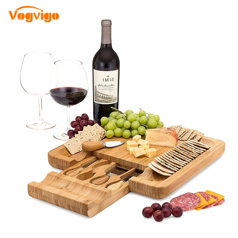 

VOGVIGO Wood Color Cheese Board Set Square Bamboo Slide-out Drawer Serving Platter for Cheese Fruit Vegetable Kitchen Storage