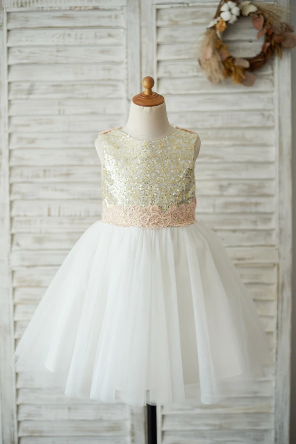 

New Flower Girl Ball Gowm Dress 2020 Shiny Sequins Lace Sash Tulle Sleeveless Dress with Big Bow for Wedding Party