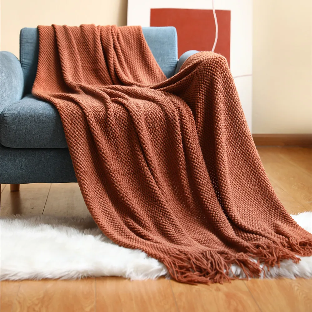 Textile City Corn Grain Waffle Embossed Knitted Blanket Home Decorative Thickened Winter Warm Tassels Throw Bedspread 130x240cm 4