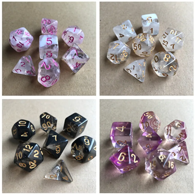 7 шт./лот, набор кубиков D4, D6, D8, D10, D10%, D12, D20, красочные прозрачные многогранные кубики для настольной игры, Набор кубиков TRPG