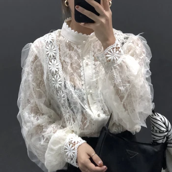 

Autumn Vintage Gong Ting Feng Lace Collar Loose Perspective Long Sleeve Shirt Jacket Women Blouse