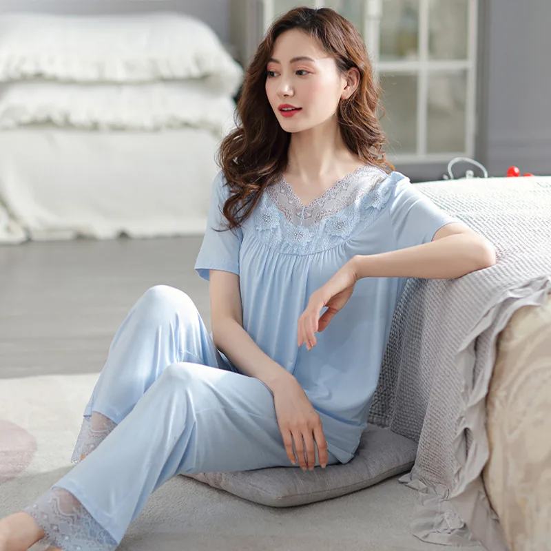 

Sexy Lace Floral Women Pajamas Sets 2PCS Modal Pyjamas Summer Loose Sleepwear Nightwear 3XL Lingerie Home Wear