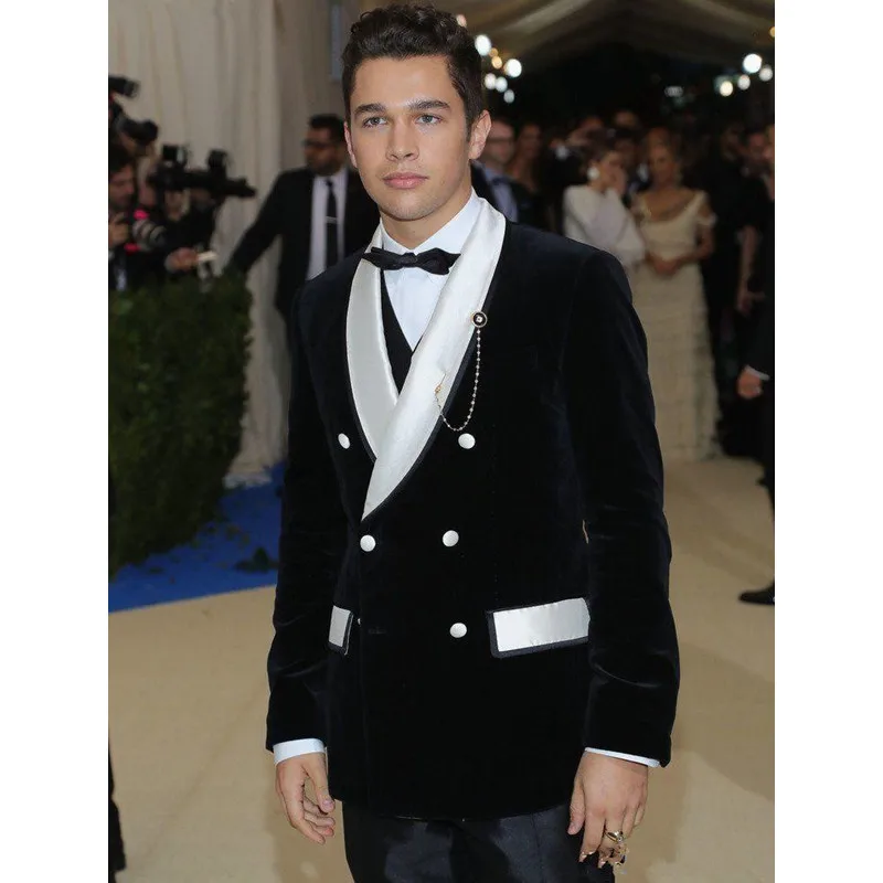 

Velvet Men's Tuxedos 2 Pieces Double Breasted Black Blazers+Trousers Men Jacket Homme Coat Prom Suit Slim Fit Masculino