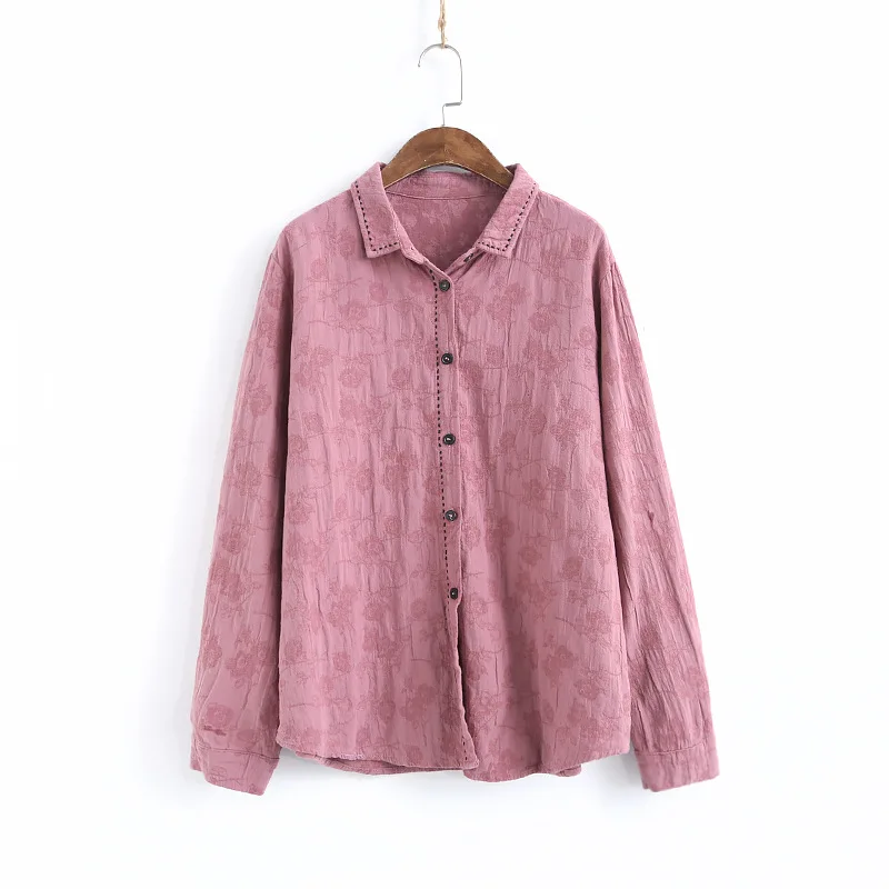 

Johnature Cotton Shirts Vintage Blouses Women Dobby Solid Color 2019 Autumn Button Turn-down Collar Long Sleeve Casual Shirts