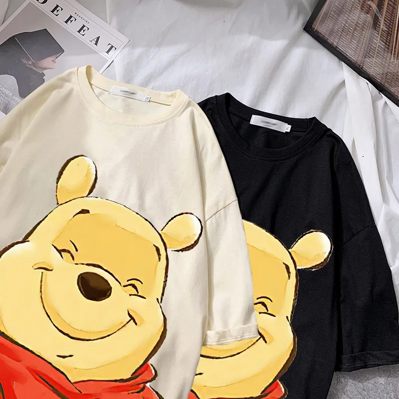 Summer Disney Kawaii Winnie Pooh 3D T-shirt Ladies Black Top Casual O-Neck Kormen Korean Style Harajuku Clothi | Женская одежда