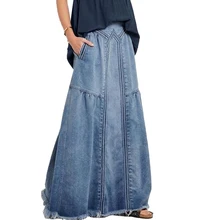 Aliexpress - Fashion Women Denim Jeans Long Skirt Vintage Loose Fit Blue Long High Waist Pocket Front Denim Maxi Skirt