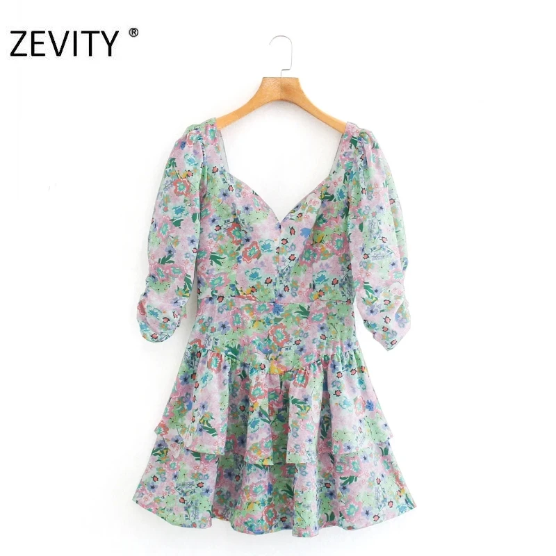 ZEVITY New Women elegant pleated lantern sleeve flower print ruffles mini dress female sexy backless vestido chic Dresses DS4295 ZEVITY New Women elegant pleated lantern sleeve flower print ruffles mini dress female sexy backless vestido chic Dresses DS4295