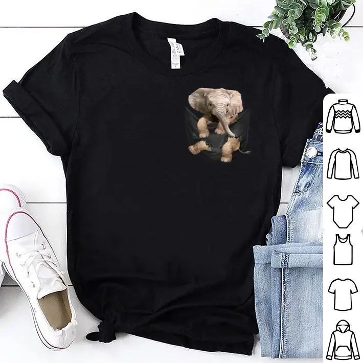 

Cute Litter Elephant In Pocket Printed T-Shirt. Summer Cotton Short Sleeve O-Neck Mens T Shirt New S-3XL