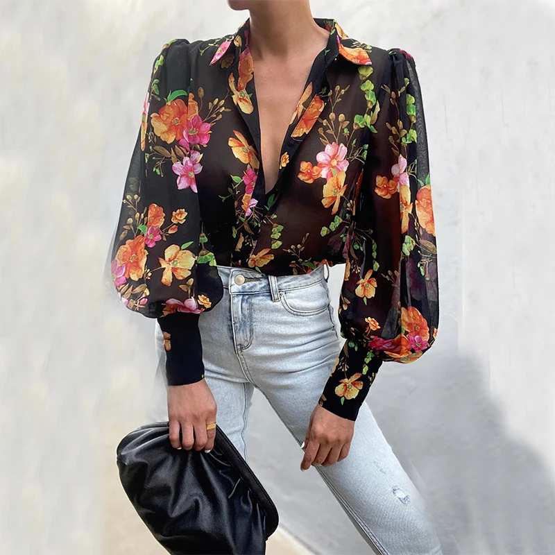 Spring Fall Puff Sleeve Shirts Blouse Women Floral/Leopard Long Sleeve Lapel Buttons Vintage Shirts Elegant Blouses Tops Female