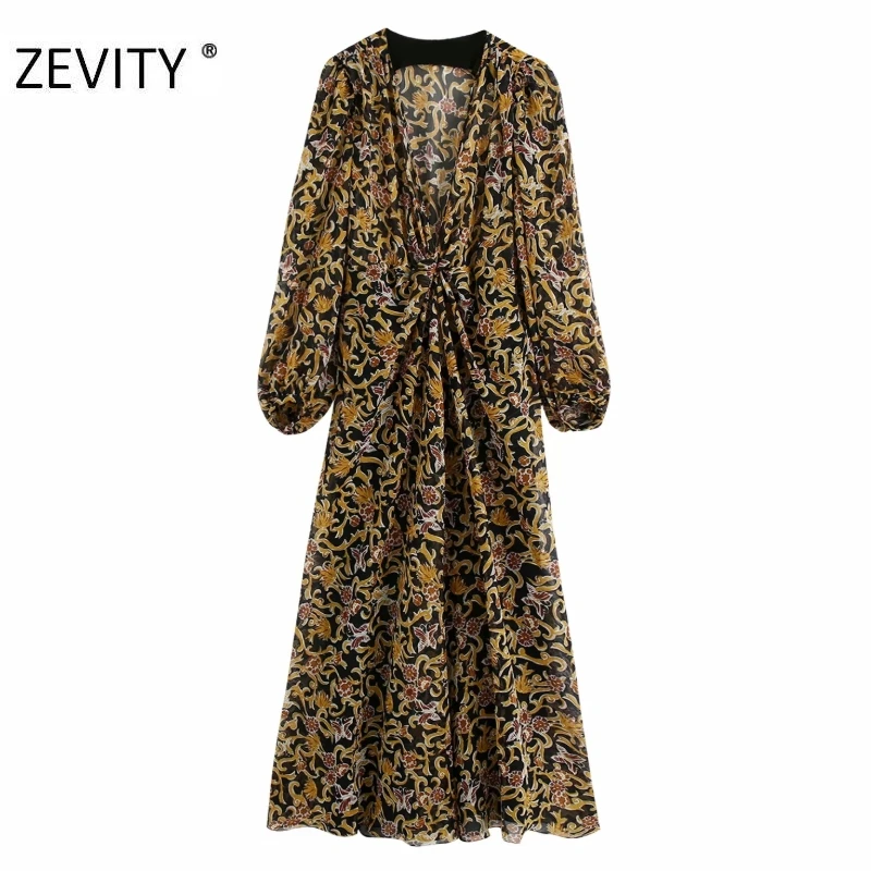 ZEVITY women vintage totem flower print front pleat chiffon midi dress female lantern sleeve casual vestidos chic dresses DS4440