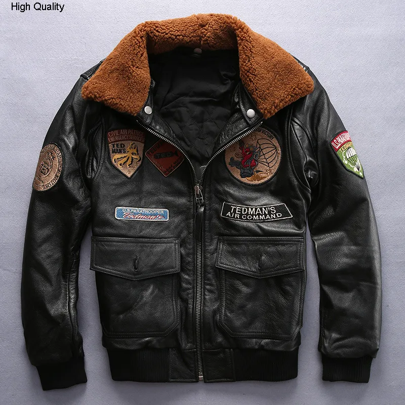 

men's air force flight jacket wool collar leather pilot jacket thick cowskin winter leather jacket men cotton liner leather coat