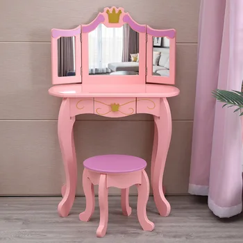 

Kids Girl Dressing Table Toy Children's Dresser 3 Foldable Mirror/Chair/1 Drawer Pink High Quality Board Arc Design[US-Stock]