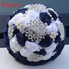 Новые настраиваемые стразы, держащие Цветы Свадебный букет невесты темно-синий белый ленточная роза Искусственные цветы букет W3217B